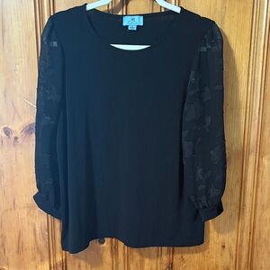 CeCe Black Blouse with Sheer Sleeves - Floral Design on Sleeves - Size Medium